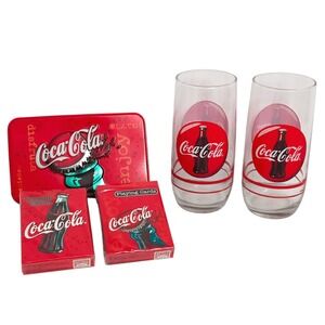 Coca-Cola Vintage Anchor Hocking Drinking Glasses Set 2 & Coke Playing Cards Tin